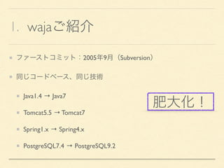 1. wajaご紹介
ファーストコミット：2005年9月（Subversion）
同じコードベース、同じ技術
Java1.4 → Java7
Tomcat5.5 → Tomcat7
Spring1.x → Spring4.x
PostgreSQL7.4 → PostgreSQL9.2
肥大化！
 