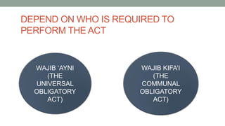 DEPEND ON WHO IS REQUIRED TO
PERFORM THE ACT
WAJIB ‘AYNI
(THE
UNIVERSAL
OBLIGATORY
ACT)
WAJIB KIFA’I
(THE
COMMUNAL
OBLIGATORY
ACT)
 