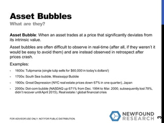 Asset Bubbles
What are they?
Asset Bubble: When an asset trades at a price that significantly deviates from
its intrinsic value.
Asset bubbles are often difficult to observe in real-time (after all, if they weren’t it
would be easy to avoid them) and are instead observed in retrospect after
prices crash.
Examples:
- 1600s: Tulipmania (single tulip sells for $60,000 in today’s dollars!)
- 1700s: South Sea bubble, Mississippi Bubble
- 1900s: Great Depression (NYC real estate prices down 67% in one quarter), Japan
- 2000s: Dot-com bubble (NASDAQ up 671% from Dec. 1994 to Mar. 2000, subsequently lost 78%,
didn’t recover untilApril 2015), Real estate / global financial crisis
3
FOR ADVISOR USE ONLY. NOT FOR PUBLIC DISTRIBUTION.
 