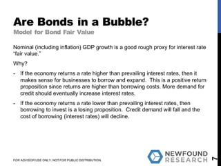 Nominal (including inflation) GDP growth is a good rough proxy for interest rate
“fair value.”
Why?
- If the economy returns a rate higher than prevailing interest rates, then it
makes sense for businesses to borrow and expand. This is a positive return
proposition since returns are higher than borrowing costs. More demand for
credit should eventually increase interest rates.
- If the economy returns a rate lower than prevailing interest rates, then
borrowing to invest is a losing proposition. Credit demand will fall and the
cost of borrowing (interest rates) will decline.
Are Bonds in a Bubble?
Model for Bond Fair Value
7
FOR ADVISOR USE ONLY. NOT FOR PUBLIC DISTRIBUTION.
 