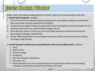 Dalam Pasal 16 Undang-Undang Nomor 41 Tahun 2004, harta benda wakaf terdiri dari
a. benda tidak bergerak, meliputi
1. hak atas tanah sesuai dengan ketentuan peraturan perundang-undangan yang berlaku
baik yang sudah maupun yang belum terdaftar;
2. bangunan atau bagian bangunan yang terdiri di atas sebagaimana dimaksud pada huruf 1;
3. tanaman dan benda lain yang berkaitan dengan tanah;
4. hak milik atas satuan rumah susun sesuai dengan ketentuan syariah dan peraturan
perundang-undangan yang berlaku;
5. benda tidak bergerak lain sesuai dengan ketentuan syariah dan peraturan perundang-
undangan yang berlaku;
b. benda bergerak adalah harta yang tidak bisa habis karena dikonsumsi, meliputi
1. uang,
2. logam mulia,
3. surat berharga,
4. kendaraan,
5. hak atas kekayaan intelektual,
6. hak sewa, dan
7. benda bergerak lain sesuai dengan ketentuan syariah dan peraturan perundang-
undangan yang berlaku seperti mushaf buku dan kitab.
 