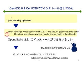 Cent0S6.6 & CentOS6.7でインストールをしてみた
yum install -y openvnet
Error: Package: kmod-openvswitch-2.3.1-1.el6.x86_64 (openvnet-third-party)
Requires: kernel(openvswitch_handle_frame_hook) = 0xbe03eb4d
OpenvSwitch2.3.1のインストールができないらしい…
新人には解決できませんでした
が、インストーラーを作っていただきました。
https://github.com/mao172/ovs-installer
…
18
 