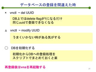 データベースの登録を間違えた時
× vnctl ~ del UUID
DB上ではdelete flagが1になるだけ
同じuuidで登録できなくなる
△ vnctl ~ modify UUID
うまくいかない時がある気がする
◯ DBを初期化する
初期化からDBへの登録処理を
スクリプトでまとめておくと楽
再登録後はvnaを再起動する 20
 
