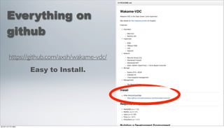 Everything on
     github

       https://github.com/axsh/wakame-vdc/
                 Easy to Install.




2012年11月17日土曜日
 