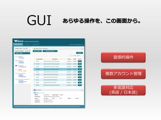 GUI   あらゆる操作を、この画面から。




               直感的操作



             複数アカウント管理


                多言語対応
              (英語 / 日本語)
 