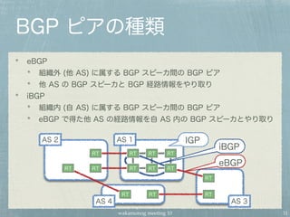 wakamonog meeting 10
BGP ピアの種類
11
RT RT RT
RTRTRTRTRT
RT
RTRT RT
RT
eBGP
iBGP
AS 2 AS 1
AS 4 AS 3
eBGP
組織外 (他 AS) に属する BGP スピーカ間の BGP ピア
他 AS の BGP スピーカと BGP 経路情報をやり取り
iBGP
組織内 (自 AS) に属する BGP スピーカ間の BGP ピア
eBGP で得た他 AS の経路情報を自 AS 内の BGP スピーカとやり取り
IGP
 
