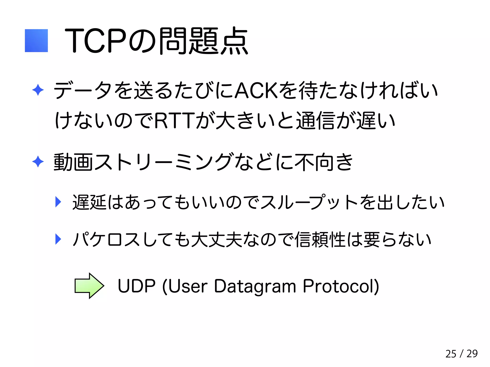 / 29 
TCPの問題点 
✦ データを送るたびにACKを待たなければい 
けないのでRTTが大きいと通信が遅い 
✦ 動画ストリーミングなどに不向き 
‣ 遅延はあってもいいのでスループットを出したい 
‣ パケロスしても大丈夫なので信頼性は要らない 
25 
UDP (User Datagram Protocol) 
 