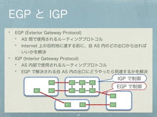 EGP と IGP 
EGP (Exterior Gateway Protocol) 
AS 間で使用されるルーティングプロトコル 
Internet 上の目的地に達する前に、自 AS 内のどの出口から出れば 
いいかを解決 
IGP (Interior Gateway Protocol) 
AS 内部で使用されるルーティングプロトコル 
EGP で解決される自 AS 内の出口にどうやったら到達するかを解決 
RT RT RT 
RT RT RT RT RT 
14 
RT 
RT 
RT RT RT 
IGP で制御 
EGP で制御 
 