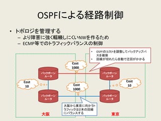 大阪 
東京 
OSPFによる経路制御 
•トポロジを管理する 
–より障害に強く輻輳しにくいNWを作るため 
–ECMP等でのトラフィックバランスの制御 
バックボーン ルータ 
バックボーン 
ルータ 
バックボーン ルータ 
バックボーン ルータ 
•OSPFのコストを調整してバックアップパ スを確保 
•回線が切れたら自動で迂回がかかる 
Cost 1000 
Cost 10 
Cost 10 
Cost 1000 
大阪から東京に向かうト ラフィックは２本の回線 にバランスする  