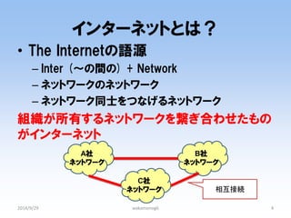インターネットとは？ 
•The Internetの語源 
–Inter (～の間の) + Network 
–ネットワークのネットワーク 
–ネットワーク同士をつなげるネットワーク 
組織が所有するネットワークを繋ぎ合わせたもの がインターネット 
2014/9/29 
wakamonog6 
4 
A社 
ネットワーク 
B社 ネットワーク 
C社 
ネットワーク 
相互接続  