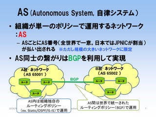 AS(Autonomous System, 自律システム） 
2014/9/29 
wakamonog6 
7 
•組織が単一のポリシーで運用するネットワーク ：AS 
–ASごとにAS番号（全世界で一意。日本ではJPNICが割当） が払い出される ※ただし規模の大きいネットワークに限定 
•AS同士の繋がりはBGPを利用して実現 
A社 ネットワーク （AS 65001 ） 
ルータ 
ルータ 
ルータ 
B社 ネットワーク 
（AS 65002 ） 
ルータ 
ルータ 
ルータ 
BGP 
AS内は組織独自の 
ルーティングポリシー 
（ex. Static/OSPF/IS-IS）で運用 
AS間は世界で統一された ルーティングポリシー（BGP）で運用  