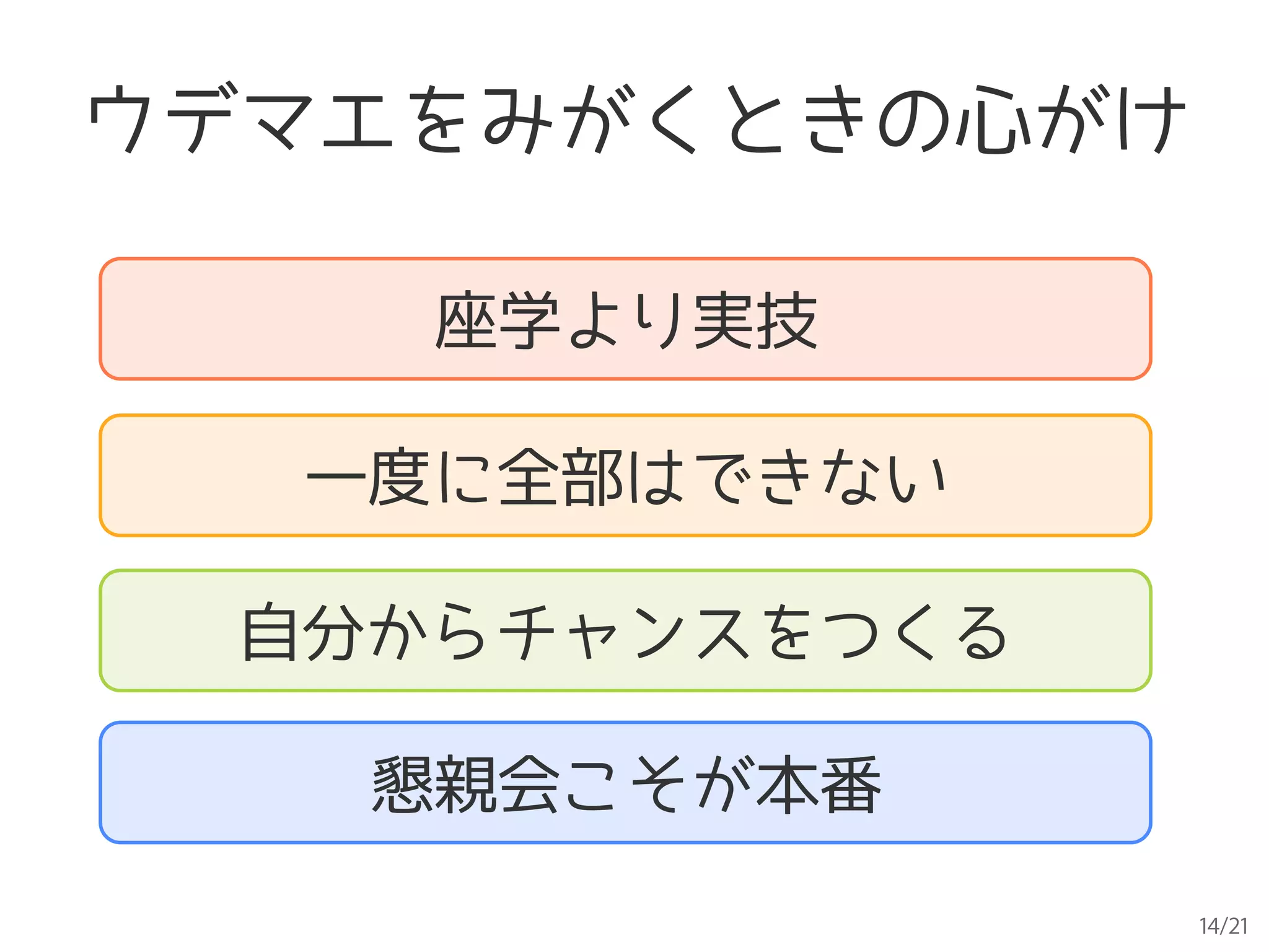 14/21
ウデマエをみがくときの心がけ
座学より実技
自分からチャンスをつくる
懇親会こそが本番
一度に全部はできない
 