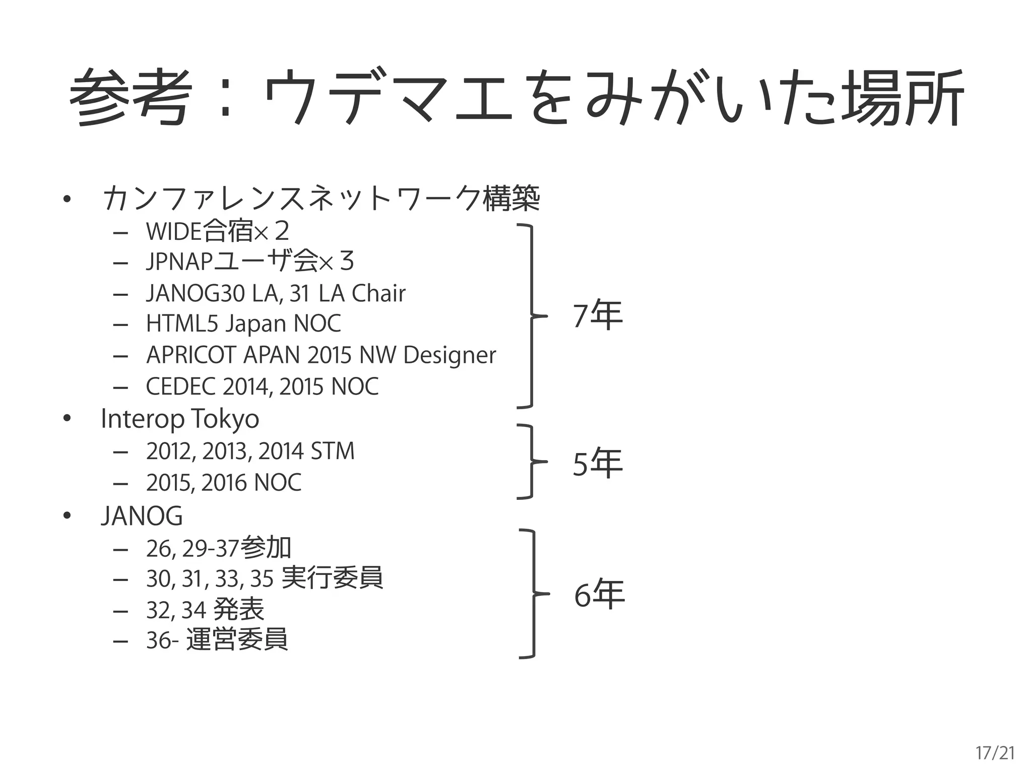 17/21
参考：ウデマエをみがいた場所
•  カンファレンスネットワーク構築
–  WIDE合宿×２
–  JPNAPユーザ会×３
–  JANOG30 LA, 31 LA Chair
–  HTML5 Japan NOC
–  APRICOT APAN 2015 NW Designer
–  CEDEC 2014, 2015 NOC
•  Interop Tokyo
–  2012, 2013, 2014 STM
–  2015, 2016 NOC
•  JANOG
–  26, 29-37参加
–  30, 31, 33, 35 実行委員
–  32, 34 発表
–  36- 運営委員
7年
5年
6年
 