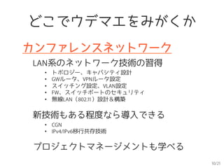 10/21
どこでウデマエをみがくか
カンファレンスネットワーク
LAN系のネットワーク技術の習得
•  トポロジー、キャパシティ設計
•  GWルータ、VPNルータ設定
•  スイッチング設定、VLAN設定
•  FW、スイッチポートのセキュリティ
•  無線LAN（802.11）設計＆構築　
新技術もある程度なら導入できる
•  CGN
•  IPv4/IPv6移行共存技術
プロジェクトマネージメントも学べる
 