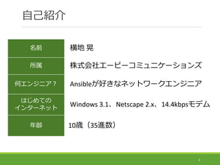 自己紹介
3
名前 横地 晃
所属 株式会社エーピーコミュニケーションズ
何エンジニア？ Ansibleが好きなネットワークエンジニア
はじめての
インターネット
Windows 3.1、Netscape 2.x、14.4kbpsモデム
年齢 ...