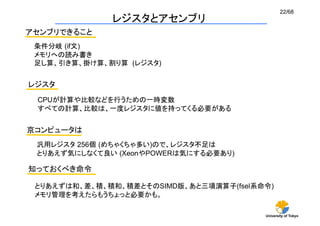22/68
               レジスタとアセンブリ	
アセンブリできること	
 条件分岐 (if文)
 メモリへの読み書き
 足し算、引き算、掛け算、割り算 (レジスタ)	


レジスタ	
  CPUが計算や比較などを行うための一時変数
  すべての計算、比較は、一度レジスタに値を持ってくる必要がある


京コンピュータは	
 汎用レジスタ 256個 (めちゃくちゃ多い)ので、レジスタ不足は
 とりあえず気にしなくて良い (XeonやPOWERは気にする必要あり)

知っておくべき命令	

 とりあえずは和、差、積、積和、積差とそのSIMD版、あと三項演算子(fsel系命令)
 メモリ管理を考えたらもうちょっと必要かも。	

                                         University of Tokyo
 