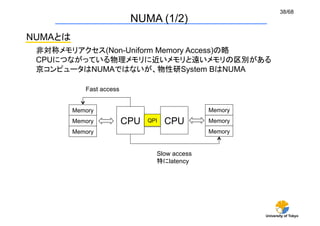 38/68
                             NUMA (1/2)
NUMAとは
 非対称メモリアクセス(Non-Uniform Memory Access)の略
 CPUにつながっている物理メモリに近いメモリと遠いメモリの区別がある
 京コンピュータはNUMAではないが、物性研System BはNUMA

             Fast access	


         Memory	
                              Memory	
         Memory	
        CPU	
 QPI	
 CPU	
     Memory	
         Memory	
                              Memory	


                                 Slow access
                                 特にlatency	




                                                          University of Tokyo
 