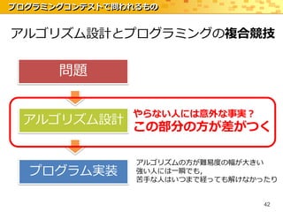 プログラミングコンテストで問われるもの


アルゴリズム設計とプログラミングの複合競技

      問題

               やらない人には意外な事実？
 アルゴリズム設計
               この部分の方が差がつく

                アルゴリズムの方が難易度の幅が大きい
  プログラム実装       強い人には一瞬でも，
                苦手な人はいつまで経っても解けなかったり


                                  42
 
