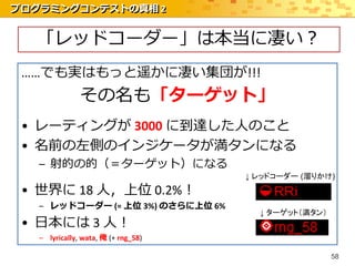 プログラミングコンテストの真相 2


  「レッドコーダー」は本当に凄い？
 ……でも実はもっと遥かに凄い集団が!!!
               その名も「ターゲット」
 • レーティングが 3000 に到達した人のこと
 • 名前の左側のインジケータが満タンになる
   – 射的の的（＝ターゲット）になる
                                     ↓ レッドコーダー (溜りかけ)
 • 世界に 18 人，上位 0.2%！
   – レッドコーダー (= 上位 3%) のさらに上位 6%
                                       ↓ ターゲット（満タン）
 • 日本には 3 人！
   – lyrically, wata, 俺 (+ rng_58)

                                                      58
 