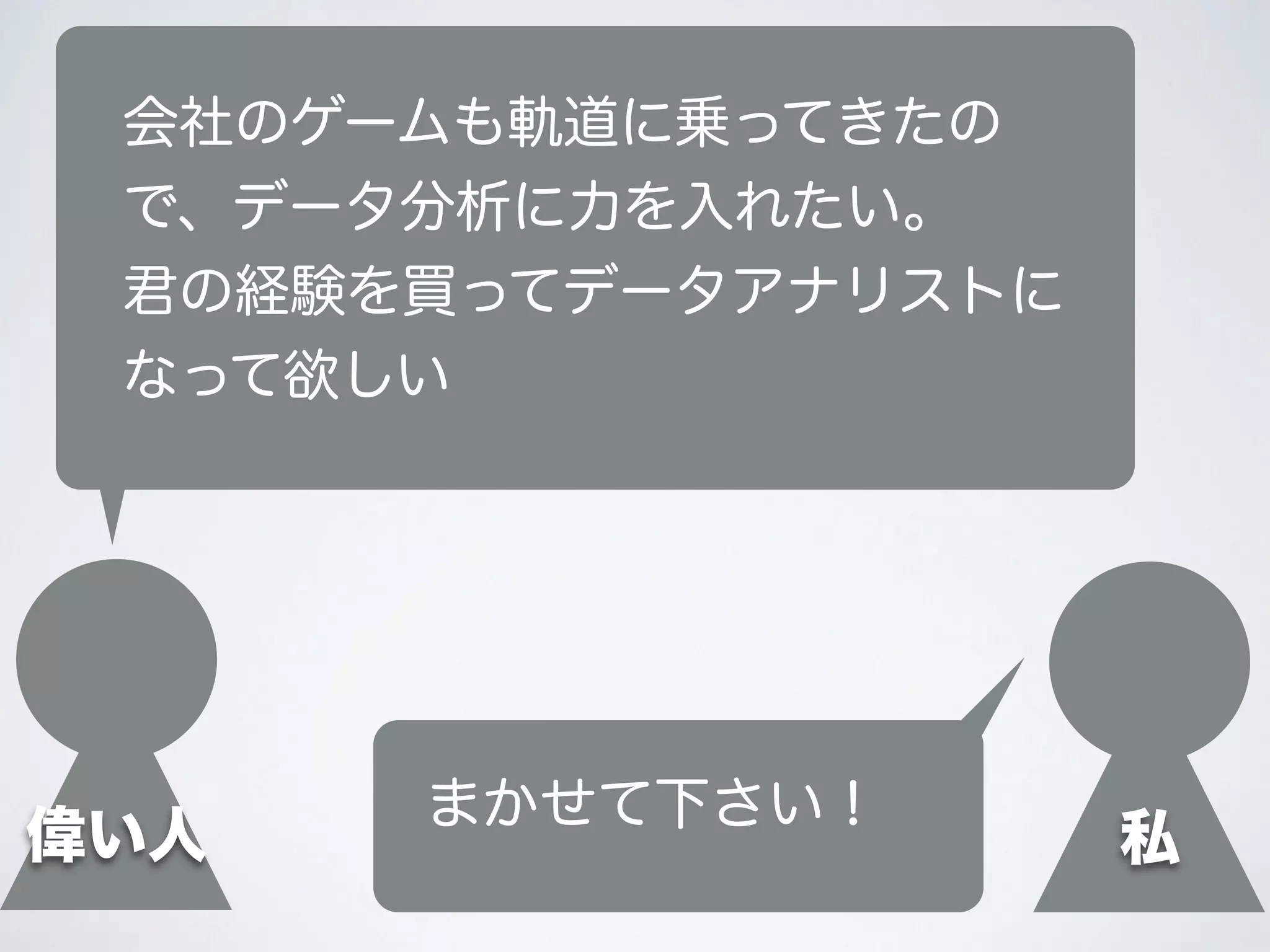 偉い人
会社のゲームも軌道に乗ってきたの
で、データ分析に力を入れたい。
君の経験を買ってデータアナリストに
なって欲しい
私
まかせて下さい！
 