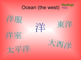 Ocean (the west) 洋 Readings YOU 洋服 太平洋 東洋 大西洋 洋室 