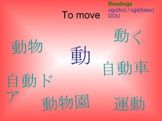To move 動 Readings ugo(ku) / ugo(kasu) DOU 動物園 動物 運動 動く 自動車 自動ドア 