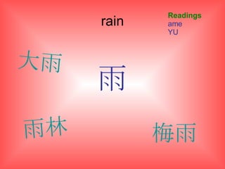 rain 雨 Readings ame YU 大雨 雨林 梅雨 