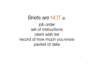 Briefs are NOT a:
job order
set of instructions
client wish list
record of how much you know
packet of data
12
 