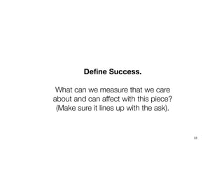 Define Success.
What can we measure that we care
about and can affect with this piece?
(Make sure it lines up with the ask...