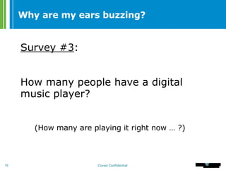 Why are my ears buzzing? Survey #3 : How many people have a digital music player? (How many are playing it right now … ?) 