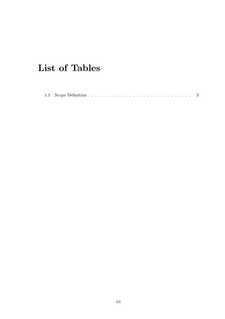 List of Tables
1.1 Scope Deﬁnition . . . . . . . . . . . . . . . . . . . . . . . . . . . . . . 3
xii
 