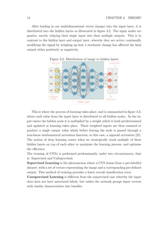 14 CHAPTER 3. THEORY
After loading in our multidimensional vector (image) into the input layer, it is
distributed into the hidden layers as illustrated in ﬁgure 3.2. The input nodes are
passive, merely relaying their single input into their multiple outputs. This is in
contrast to the hidden layer and output layer, whereby they are active; continually
modifying the signal by weighing up how a stochastic change has aﬀected the ﬁnal
output either positively or negatively.
Figure 3.2: Distribution of image to hidden layers
This is where the process of learning takes place, and is summarised in ﬁgure 3.3,
where each value from the input layer is distributed to all hidden nodes. As the in-
put enters the hidden node it is multiplied by a weight which is both predetermined
and updated as learning takes place. These weighted inputs are then summed to
produce a single output value which before leaving the node is passed through a
non-linear mathematical activation function; in this case, a sigmoid activation [25].
The notion of deep learning comes when we strategically stack multiple of these
hidden layers on top of each other to maximise the learning process, and optimise
the eﬃciency.
The training of CNNs is performed predominantly under two circumstances, that
is: Supervised and UnSupervised.
Supervised Learning is the phenomenon where a CNN learns from a pre-labelled
dataset; with a set of vectors representing the image and a corresponding pre-deﬁned
output. This method of training provides a lower overall classiﬁcation error.
Unsupervised Learning is diﬀerent from the surpervised case whereby the input
data does not have associated labels, but rather the network groups input vectors
with similar characteristics into bundles.
 