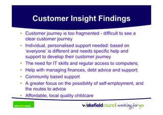 Customer Insight Findings
• Customer journey is too fragmented - difficult to see a
  clear customer journey
• Individual, personalised support needed: based on
  ‘everyone’ is different and needs specific help and
  support to develop their customer journey
• The need for IT skills and regular access to computers;
• Help with managing finances, debt advice and support;
• Community based support
• A greater focus on the possibility of self-employment, and
  the routes to advice
• Affordable, local quality childcare
 