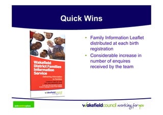 Quick Wins

     • Family Information Leaflet
       distributed at each birth
       registration
     • Considerable increase in
       number of enquires
       received by the team
 