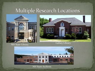 Multiple Research LocationsGafney LibraryNH State Library NH State Archives
