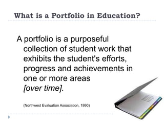 What is a Portfolio in Education?A portfolio is a purposeful collection of student work that exhibits the student's efforts, progress and achievements in one or more areas[over time].	(Northwest Evaluation Association, 1990)