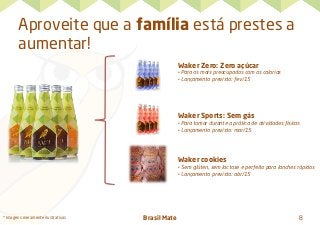Brasil Mate 8
Waker Zero: Zero açúcar
• Para os mais preocupados com as calorias
• Lançamento previsto: fev/15
* Imagens meramente ilustrativas
Waker Sports: Sem gás
• Para tomar durante a prática de atividades físicas
• Lançamento previsto: mar/15
Waker cookies
• Sem glúten, sem lactose e perfeito para lanches rápidos
• Lançamento previsto: abr/15
Aproveite que a família está prestes a
aumentar!
 