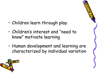 Children learn through play Children’s interest and “need to know” motivate learning Human development and learning are characterized by individual variation 