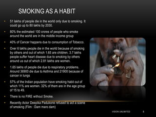 SMOKING AS A HABIT
•   51 lakhs of people die in the world only due to smoking. It
    could go up to 80 lakhs by 2030.
•   80% the estimated 100 crores of people who smoke
    around the world are in the middle income group
•   40% of Cancer happens due to consumption of Tobacco.
•   Over 6 lakhs people die in the world because of smoking
    by others and out of which 1.65 are children. 3.7 lakhs
    people suffer heart disease due to smoking by others
    around us out of which 2.81 lakhs are women.
•   1.65 lakhs of people die due to respiratory problems.
    Around 36900 die due to Asthma and 21900 because of
    cancer in lungs
•   57% of the Indian population have smoking habit out of
    which 11% are women. 32% of them are in the age group
    of 15 to 49.
•   There is no FIRE without Smoke.
•   Recently Actor Deepika Padukone refused to act a scene
    of smoking (Film : Dam maro dam)
                                                                  VISION UNLIMITED   8
 
