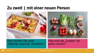 Zu zweit | mit einer neuen Person
Was sind die „Zutaten“ für
gutes Lernen?
Was würden Sie unter
„Mashup Learning“ verstehen?
21.11.2019 @ Collaboration Design 2019 5
 
