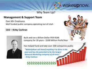 Why Team Up?
Management & Support Team
Over 60+ Employees
Well funded public company operating out of Utah

CEO – Kirby Cochran
Built and ran a Billion Dollar PER YEAR
company for 10 years - $100 Million Profit/Year
Has helped fund and take over 200 companies public
“WakeUpNow will dwarf anything I’ve done in the
past and has the potential to be the largest
Network Marketing company of all-time.”
- Kirby Cochran

$$$$$$$$$$$$$$$$

 