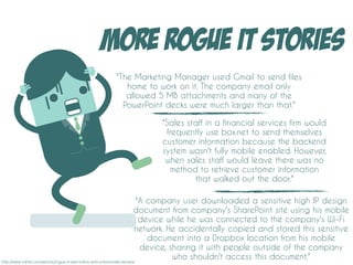MORE ROGUE IT STORIES
"The Marketing Manager used Gmail to send files
home to work on it. The company email only
allowed 5 MB attachments and many of the
PowerPoint decks were much larger than that."
"Sales staff in a financial services firm would
frequently use box.net to send themselves
customer information because the backend
system wasn't fully mobile enabled. However,
when sales staff would leave there was no
method to retrieve customer information
that walked out the door."
"A company user downloaded a sensitive high IP design
document from company's SharePoint site using his mobile
device while he was connected to the company's Wi-Fi
network. He accidentally copied and stored this sensitive
document into a Dropbox location from his mobile
device, sharing it with people outside of the company
who shouldn't access this document."http://www.zdnet.com/article/rogue-it-sad-truths-and-unfortunate-stories/
 