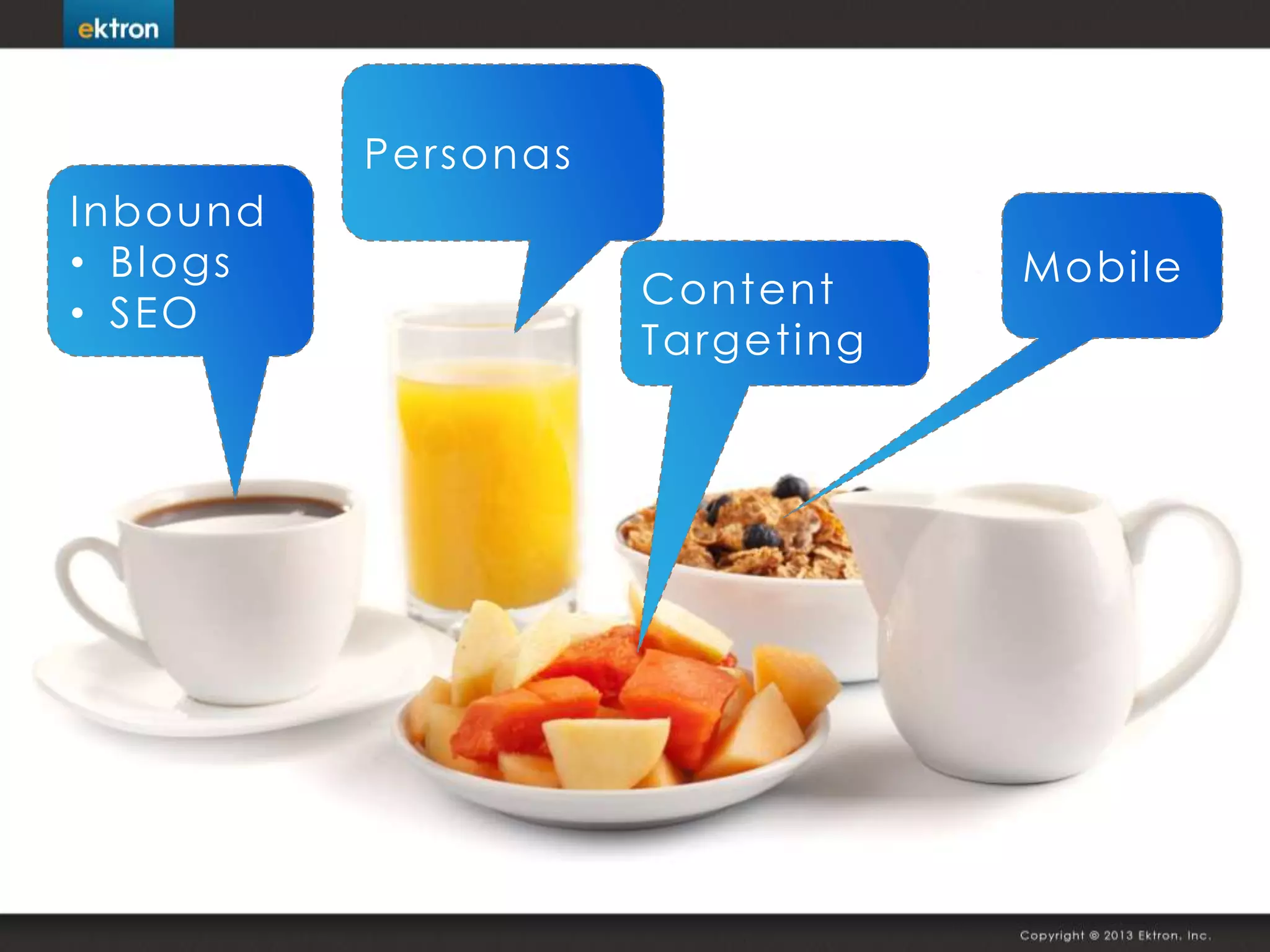 Inbound
• Blogs
• SEO
Personas
Mobile
Content
Targeting
 