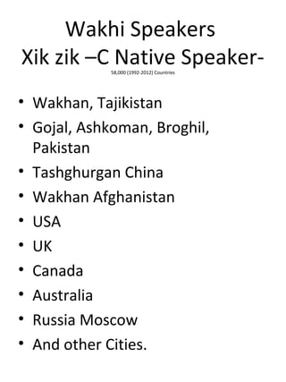 Wakhi Speakers
Xik zik –C Native Speaker-58,000 (1992-2012) Countries
• Wakhan, Tajikistan
• Gojal, Ashkoman, Broghil,
Pakistan
• Tashghurgan China
• Wakhan Afghanistan
• USA
• UK
• Canada
• Australia
• Russia Moscow
• And other Cities.
 
