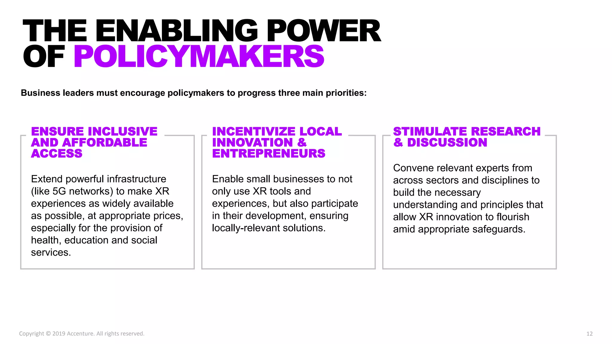12Copyright © 2019 Accenture. All rights reserved.
Business leaders must encourage policymakers to progress three main priorities:
ENSURE INCLUSIVE
AND AFFORDABLE
ACCESS
Extend powerful infrastructure
(like 5G networks) to make XR
experiences as widely available
as possible, at appropriate prices,
especially for the provision of
health, education and social
services.
THE ENABLING POWER
OF POLICYMAKERS
INCENTIVIZE LOCAL
INNOVATION &
ENTREPRENEURS
Enable small businesses to not
only use XR tools and
experiences, but also participate
in their development, ensuring
locally-relevant solutions.
STIMULATE RESEARCH
& DISCUSSION
Convene relevant experts from
across sectors and disciplines to
build the necessary
understanding and principles that
allow XR innovation to flourish
amid appropriate safeguards.
 