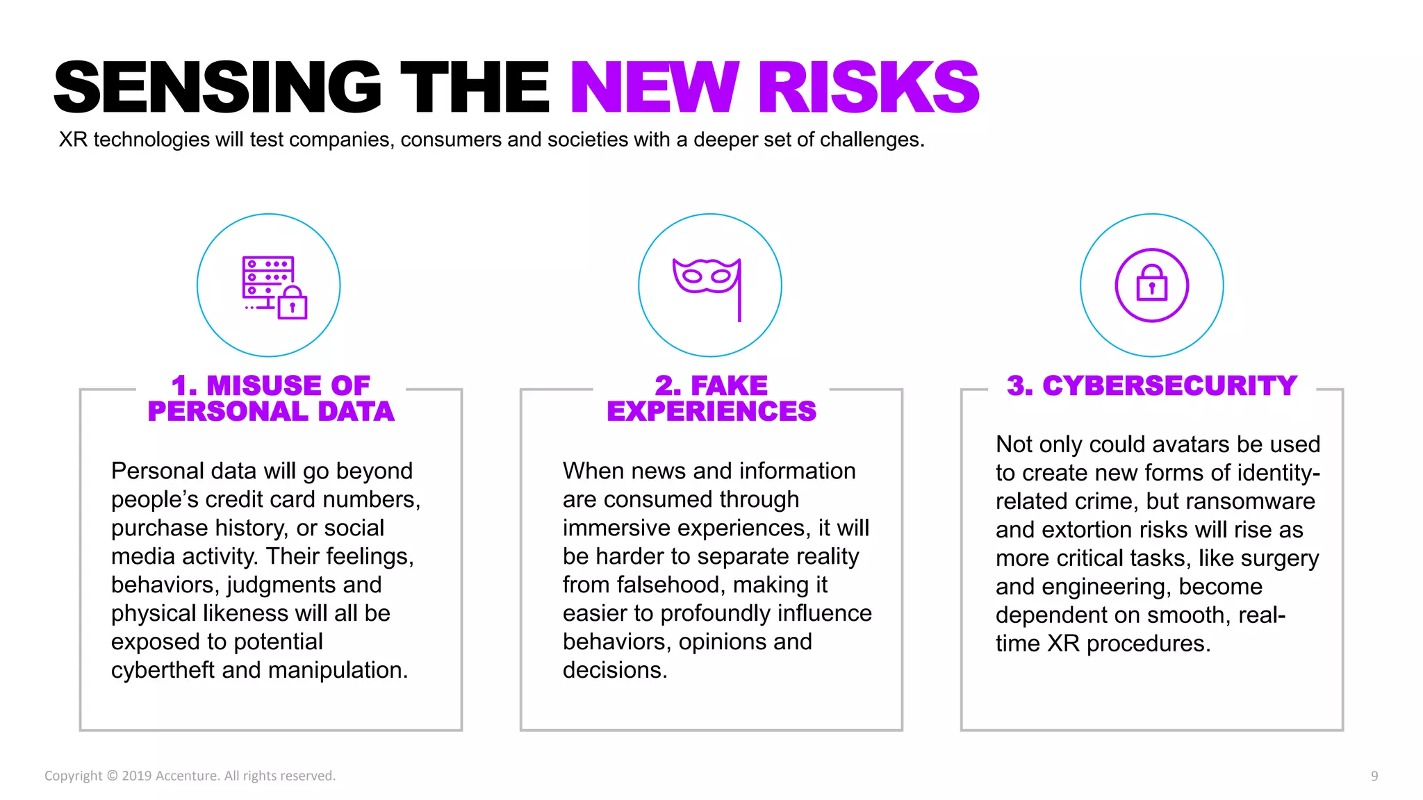 XR technologies will test companies, consumers and societies with a deeper set of challenges.
SENSING THE NEW RISKS
Personal data will go beyond
people’s credit card numbers,
purchase history, or social
media activity. Their feelings,
behaviors, judgments and
physical likeness will all be
exposed to potential
cybertheft and manipulation.
1. MISUSE OF
PERSONAL DATA
2. FAKE
EXPERIENCES
When news and information
are consumed through
immersive experiences, it will
be harder to separate reality
from falsehood, making it
easier to profoundly influence
behaviors, opinions and
decisions.
3. CYBERSECURITY
Not only could avatars be used
to create new forms of identity-
related crime, but ransomware
and extortion risks will rise as
more critical tasks, like surgery
and engineering, become
dependent on smooth, real-
time XR procedures.
9Copyright © 2019 Accenture. All rights reserved.
 