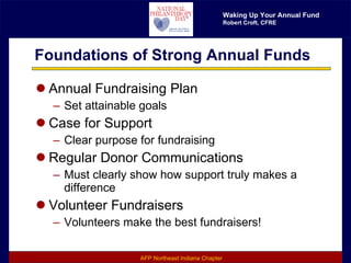 Foundations of Strong Annual Funds Annual Fundraising Plan Set attainable goals Case for Support Clear purpose for fundraising Regular Donor Communications Must clearly show how support truly makes a difference Volunteer Fundraisers Volunteers make the best fundraisers! 