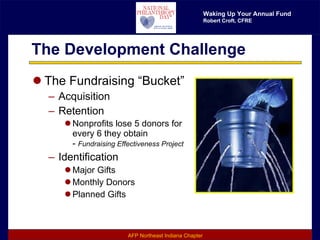 The Development Challenge The Fundraising “Bucket” Acquisition Retention Nonprofits lose 5 donors for every 6 they obtain  -  Fundraising Effectiveness Project Identification Major Gifts Monthly Donors Planned Gifts 