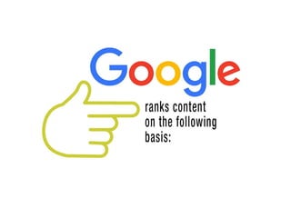 In a nutshell Google ranks content on the following basis: if you create
remarkable content that others share, especially others with authority, it
boosts your content’s authority and that is what Google notices and ranks.
 