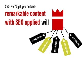 o, SEO won’t get you ranked – remarkable content with the right keywords will.
 